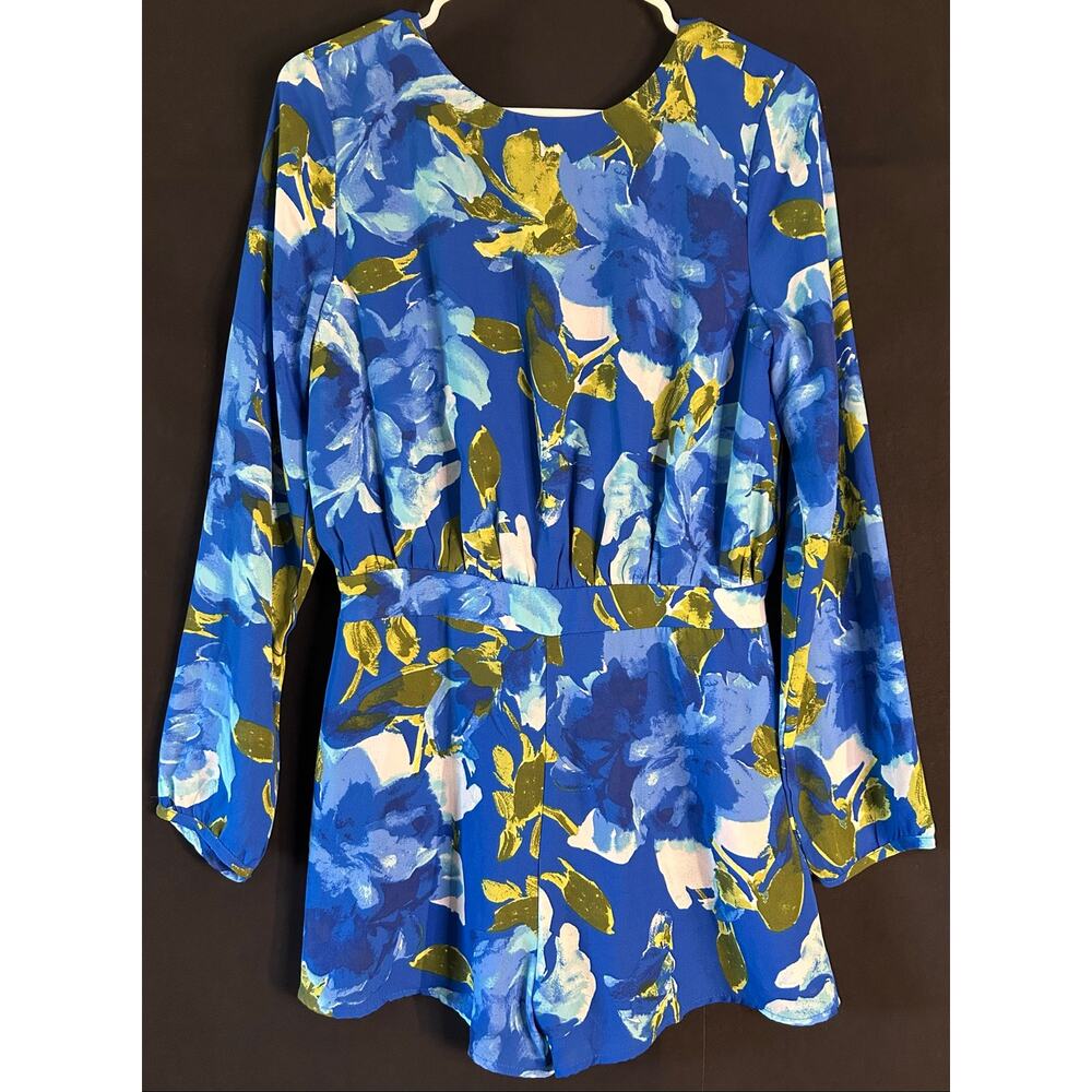 Lulus Floral Romper Blue Long Sleeve Dressy Romper Shorts Medium